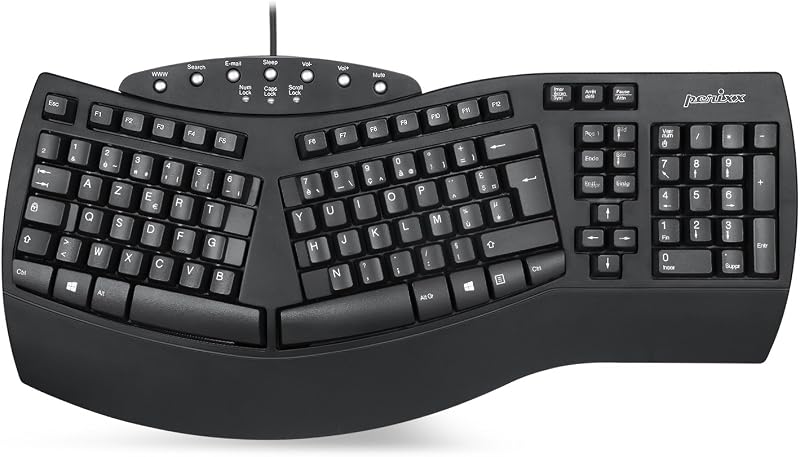 Perixx PERIBOARD-512 Nagy Méretű Ergonomikus Vezetékes USB Billentyűzet Windows Rendszerhez - Fekete, AZERTY, 7 Multimédia Gombbal
