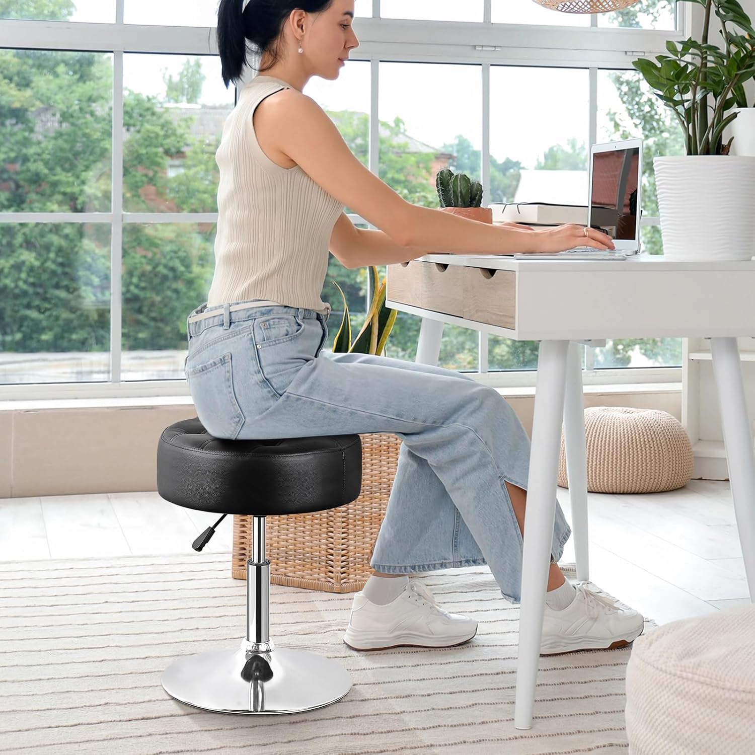 LEMY Adjustable Vanity Stool with 360° Swivel,Hydraulic Lift Round Makeup Chair Ottoman with Stable Base for Home Beauty Studio,Bedroom and Bathroom,Black