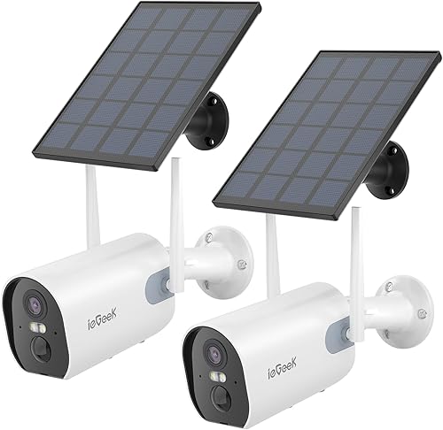 ieGeek Cámaras de seguridad solares inalámbricas para exteriores, paquete de 2, cámara de vigilancia WiFi alimentada por batería con sirena