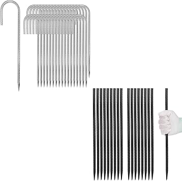 Homwin 12 inches J Hook Tent Stakes Heavy Duty 34-Pack Silver and 16 inches Straight Rebar Stakes 18-Pack Black Bundle