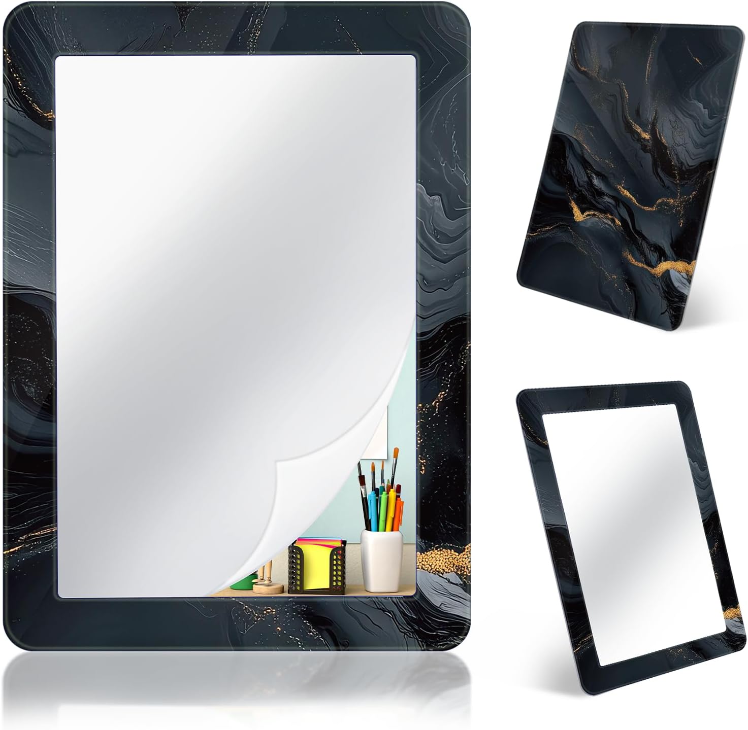 Demonwer 7x5 Inch Magnetic Locker Mirror Black Mirrors with Magnetic Stripe Locker Accessory for Back to School Bathroom Refrigerator Office