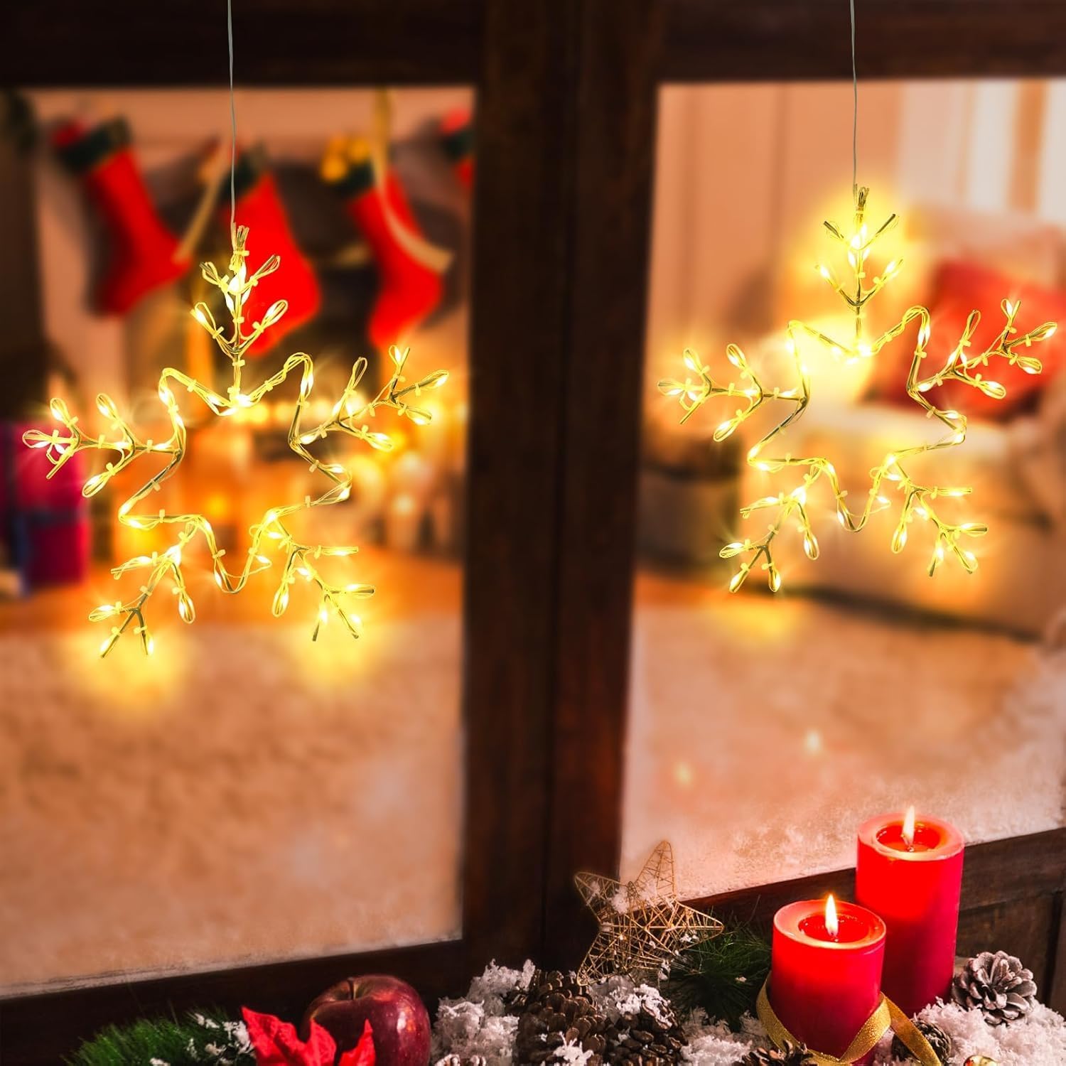 4 Pack Christmas Window Snowflake Lights, LED Hanging Decorations Iron Frame Lights, 8 Lighting Modes for Xmas Holiday Indoor Outdoor Wall Party Decor