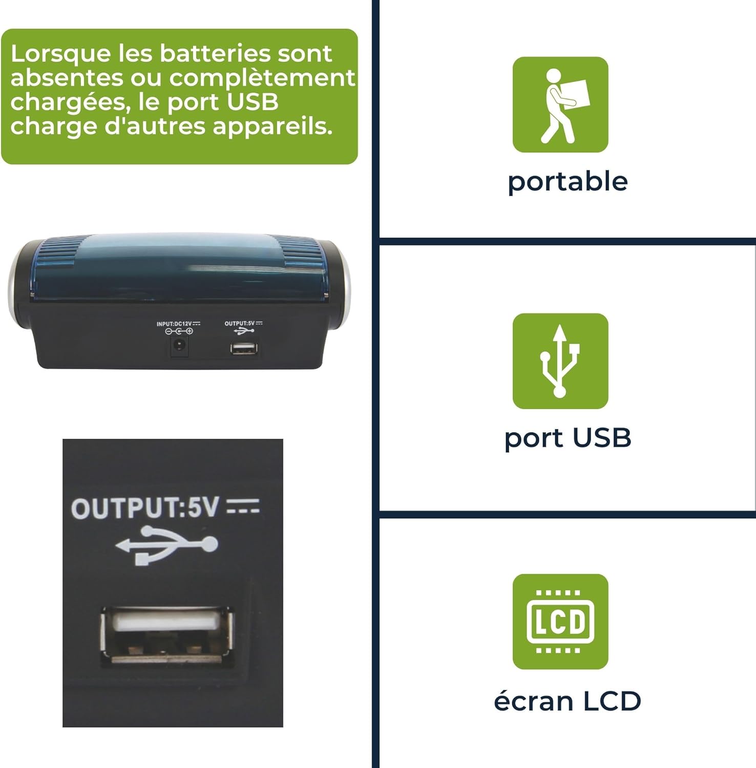 Image showing the USB output port and highlighting portability, USB port, and LCD screen features.