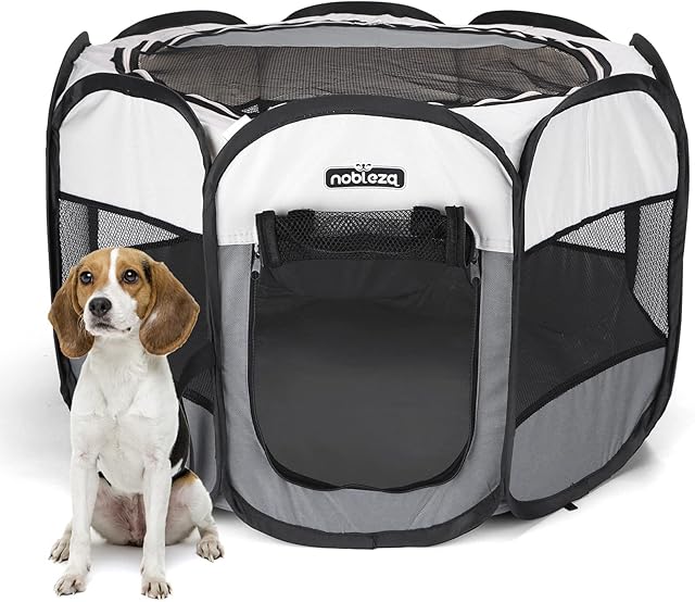 Nobleza Pet Playpen Portable Foldable Dog Cat Play Pen Indoor Outdoor Pet Fence Breathable Mesh Pet Carrier Kennel Soft Cage Tent for Puppy Rabbit Hamster Guinea Pig, Beige and Gray, 36"x36"x22"