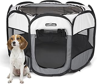 Nobleza Pet Playpen Portable Foldable Dog Cat Play Pen Indoor Outdoor Pet Fence Breathable Mesh Pet Carrier Kennel Soft Cage Tent for Puppy Rabbit Hamster Guinea Pig, Beige and Gray, 36'x36'x22'