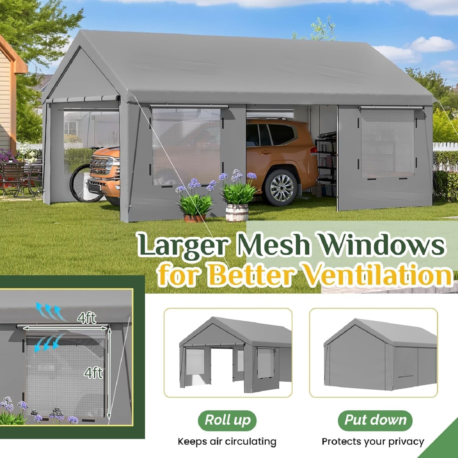 EROMMY Carport, 13x20 Heavy Duty Carport with Roll-up Windows，Portable Garage with Removable Sidewalls, Car Canopy with Sandbags and All-Season Tarp for Tractor, Truck, Outer Gray and Inner White