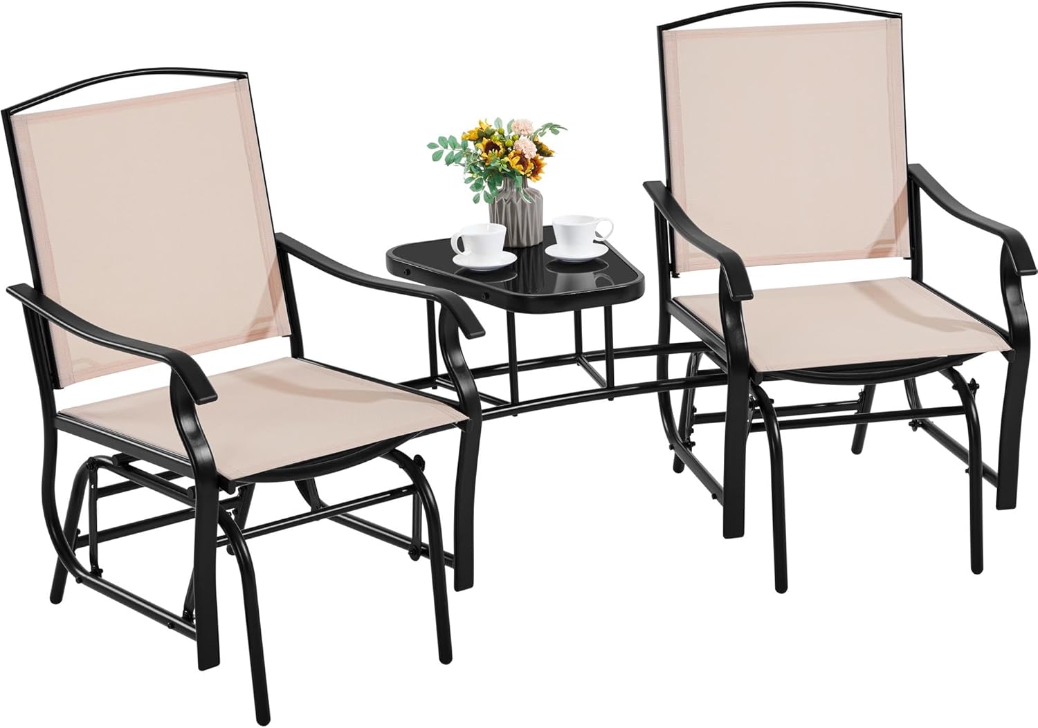 Yaheetech Outdoor Glider Chairs with Glass Table Rocking Chairs, Outdoor Loveseat Patio 2-Seat with Breathable Sling Fabric for Lawn, Garden and Porch, Beige