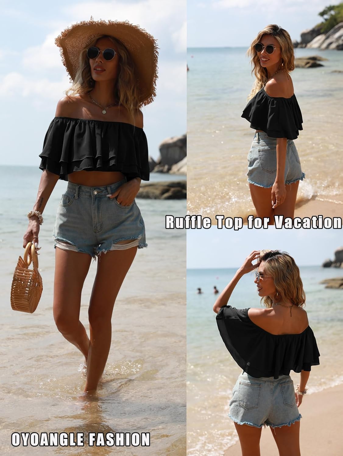 OYOANGLE Women's Off Shoulder Short Sleeve Ruffle Blouse Summer Vacation Crop Tops - Image 6