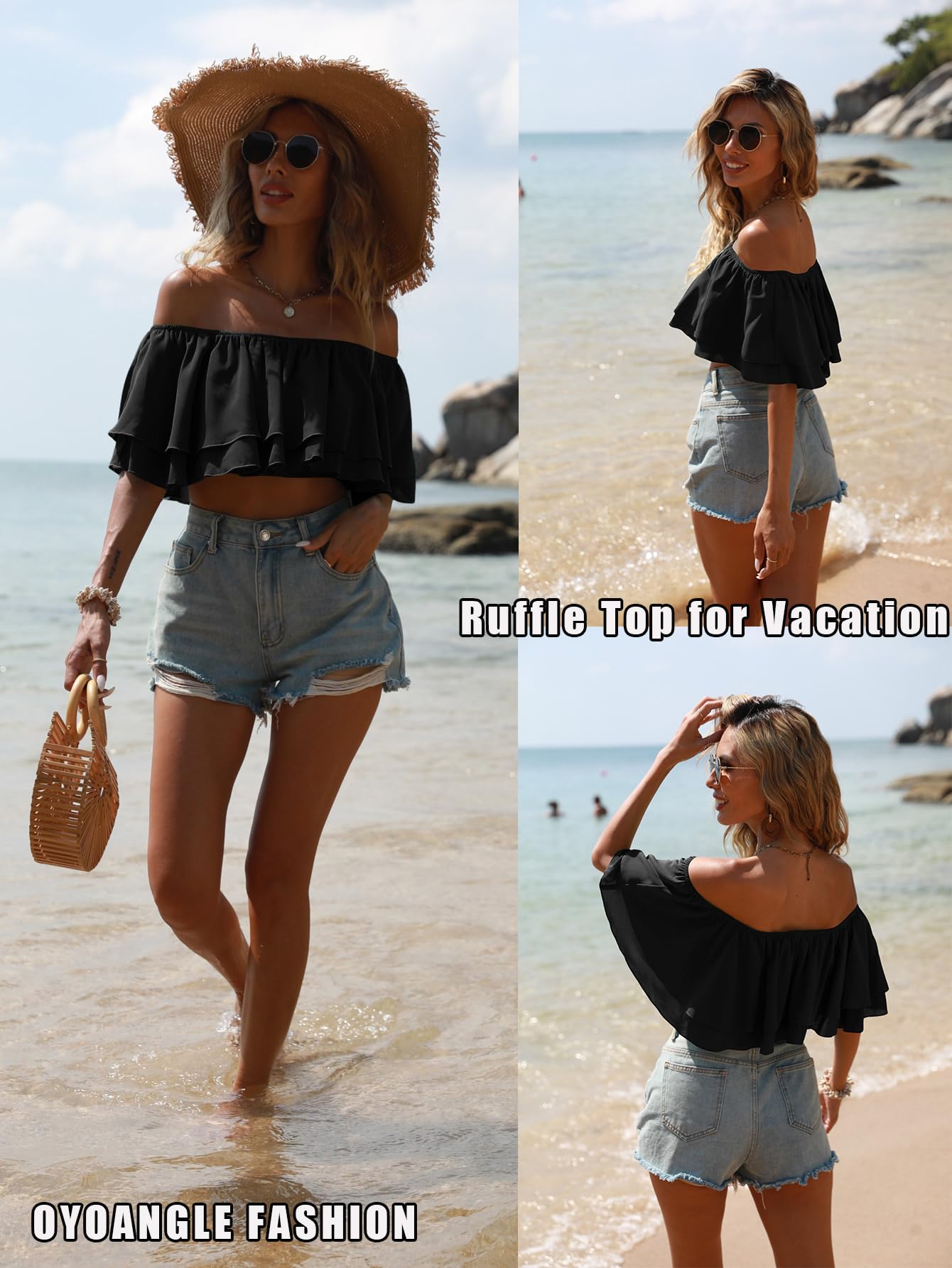 OYOANGLE Women's Off Shoulder Short Sleeve Ruffle Blouse Summer Vacation Crop Tops