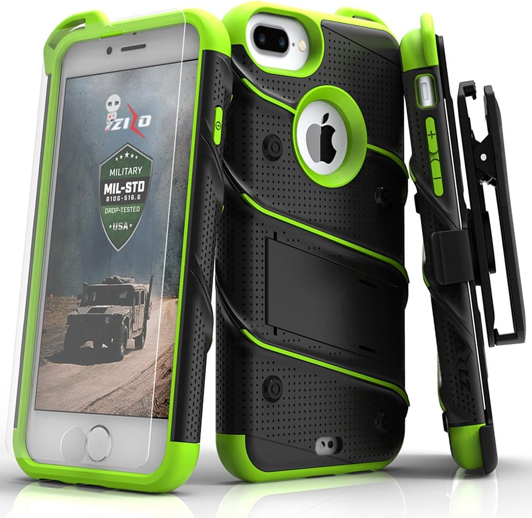 Zizo Bolt Series Compatible with iPhone 8 Plus Case Military Grade Drop Tested Tempered Glass Screen Protector Holster iPhone 7 Plus case NEON Green