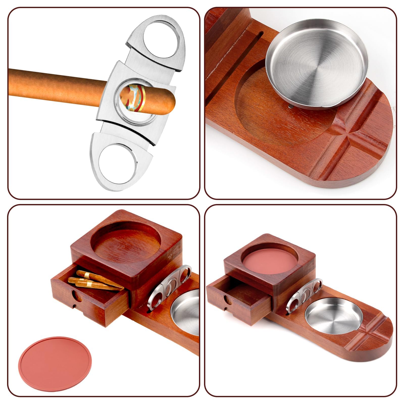 Set Posacenere Per Sigari In Legno Massello - Con Taglierino E Punch