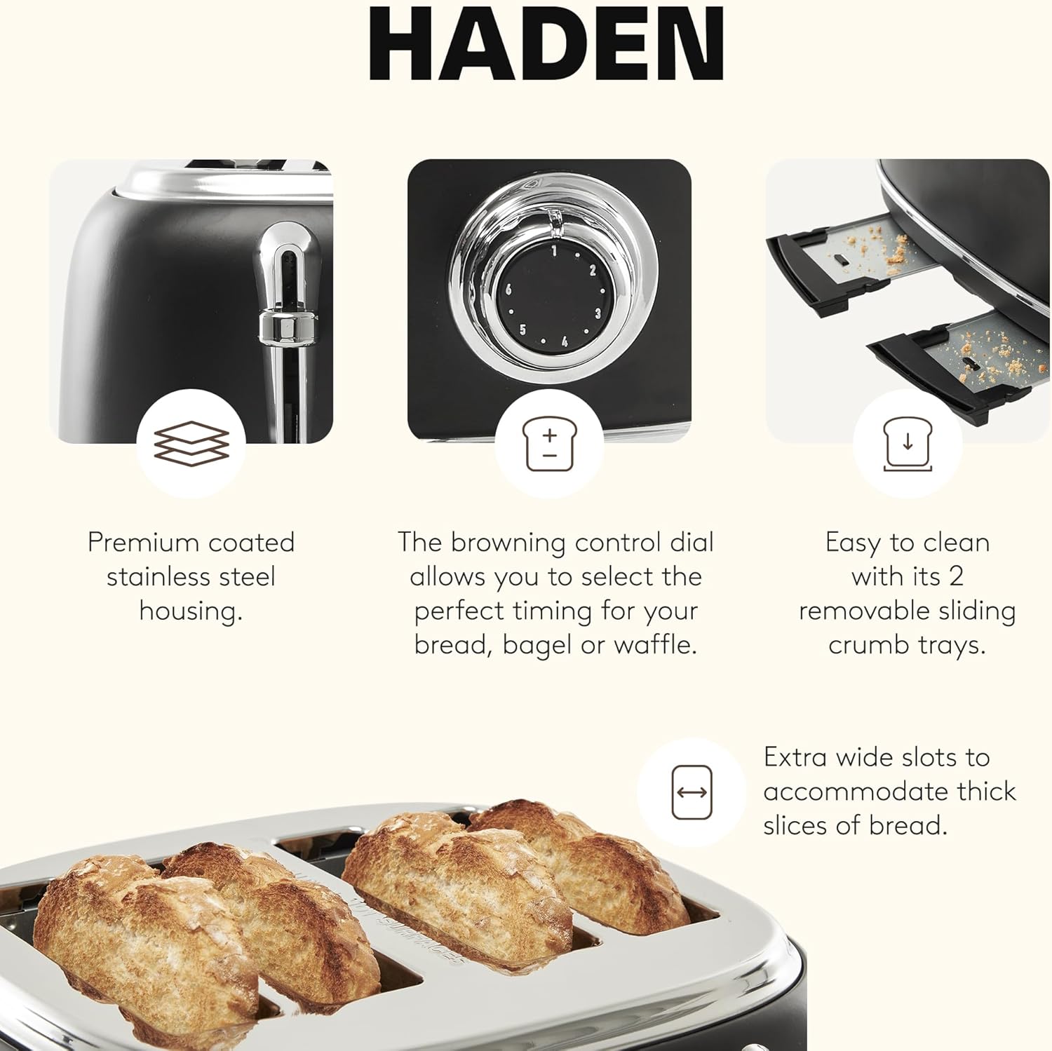 Haden Heritage 4 Slice Wide Slot Stainless Steel Toaster Bundled with 12 Cup Programmable Drip Coffee Maker Coffee Machine, Black & Chrome