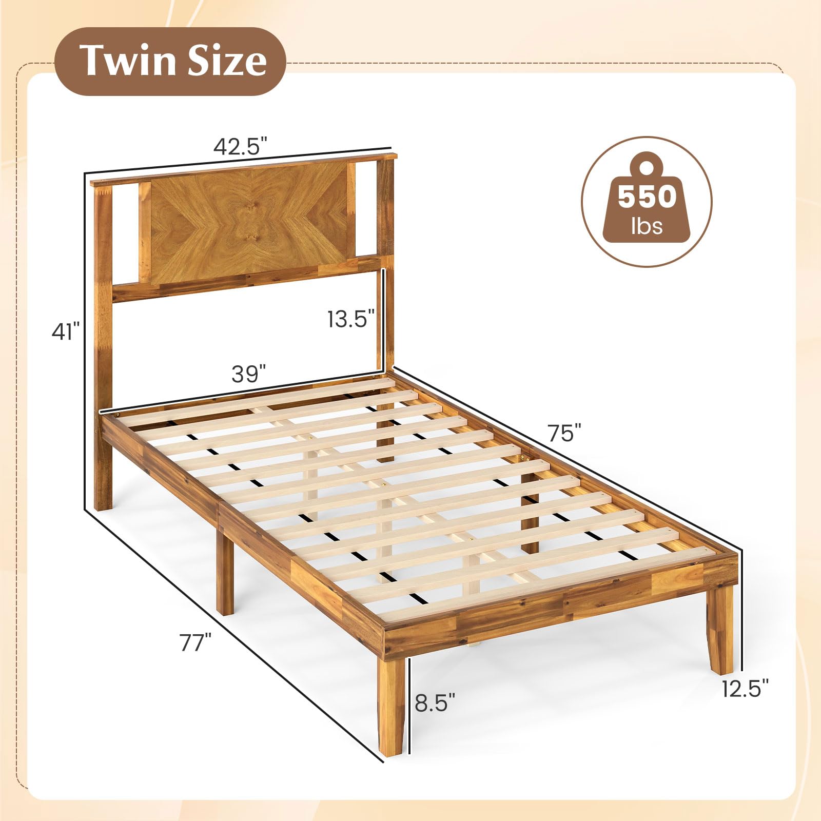 Giantex Full Size Acacia Wood Platform Bed Frame, Mid-Century Modern Bed Frame with Headboard, Wooden Slats Support, Under-Bed Space, No Box Spring Needed, Easy Assembly, Caramel: Twin Mid-Century Modern