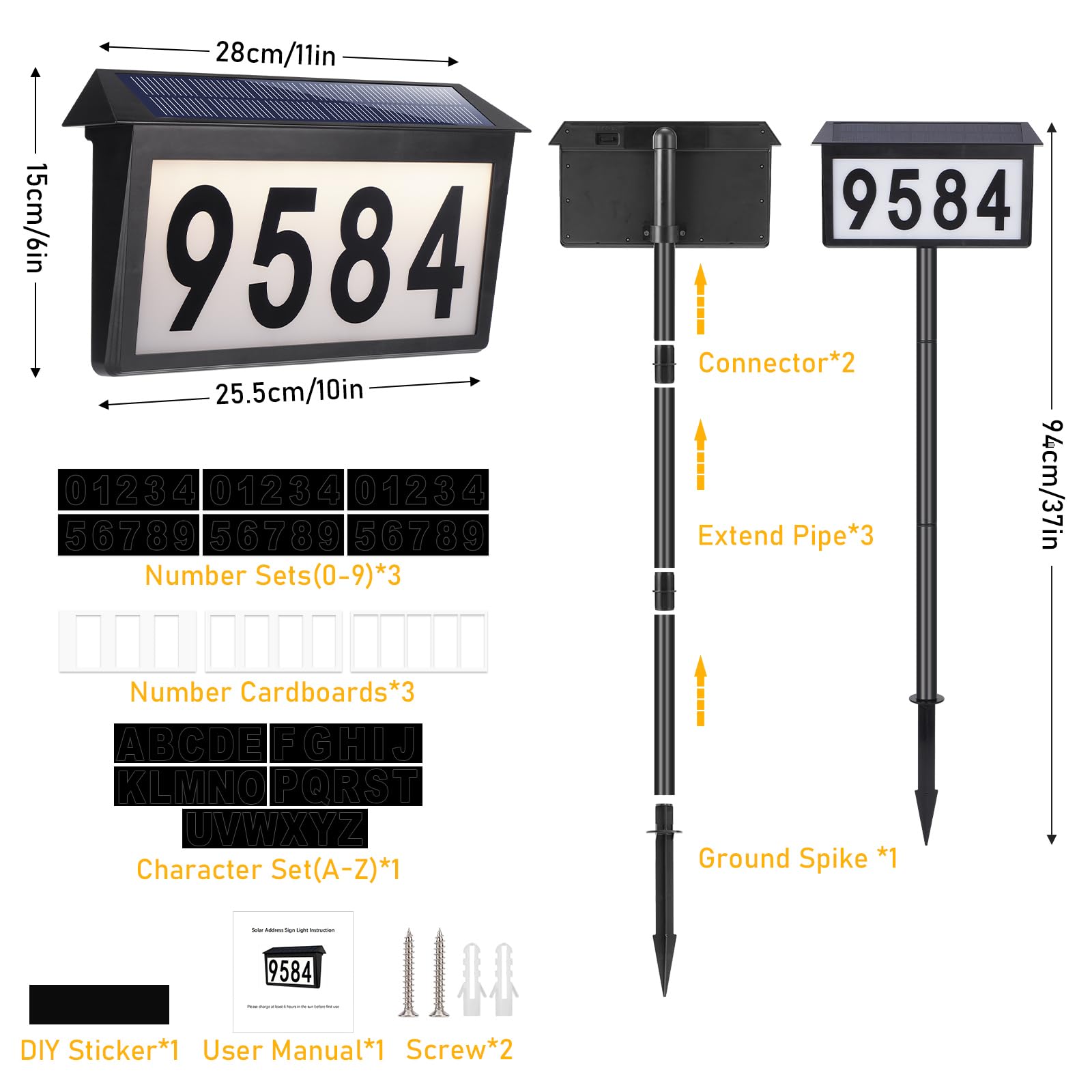 Solar-Hausnummern, Adressschild, Solar-Adressschild für draußen, IP65 wasserdicht, 3 Farben, Temperaturen, LED-beleuchtete Hausnummern, Wandmontage und Boden-Adressnummern für Haus