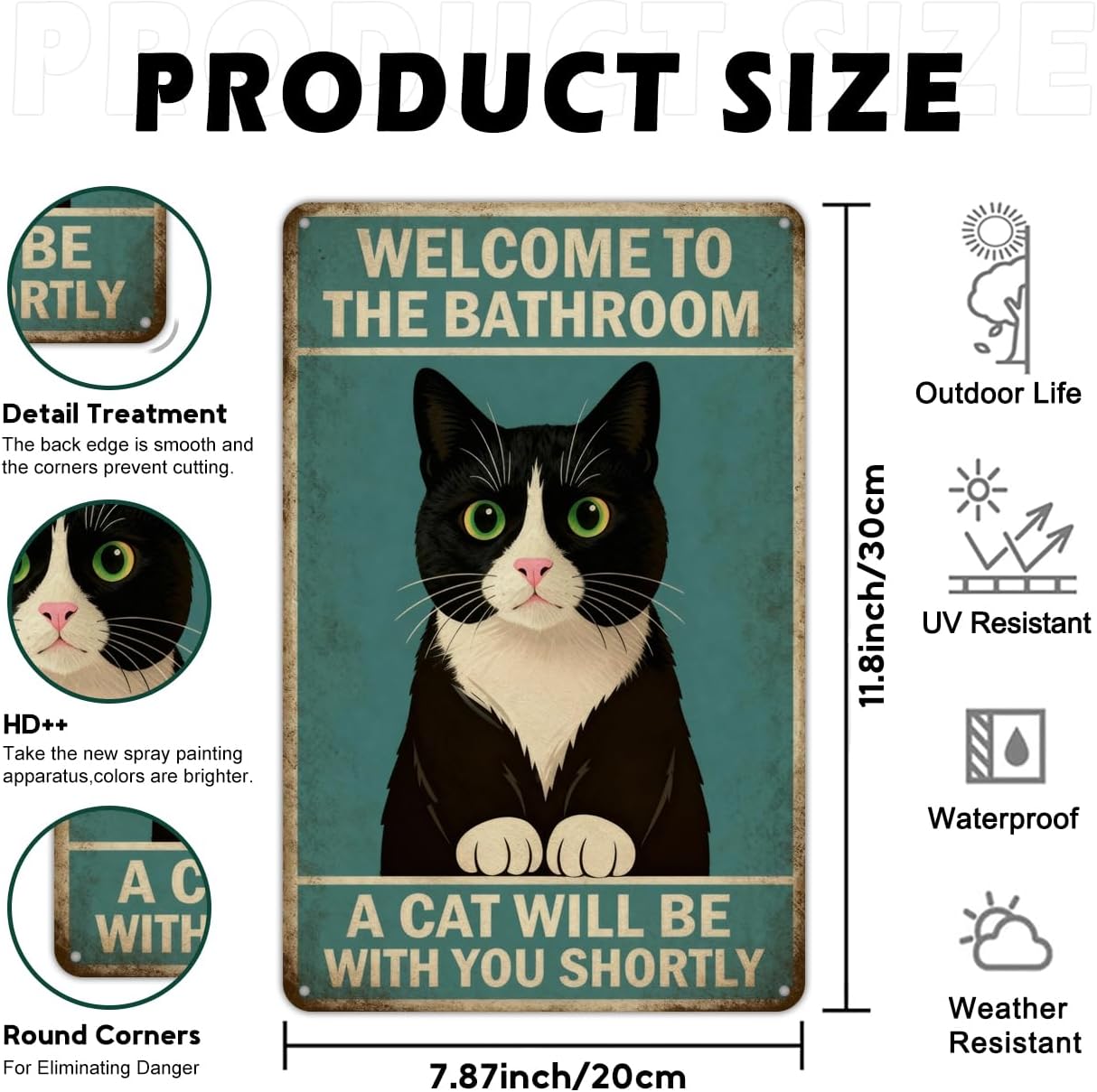 Funny Cat Bathroom Sign for Cat Lovers - "A Cat Will Be With You Shortly" Vintage Wall Art, Unique Gift 8x12 Inch (2907)