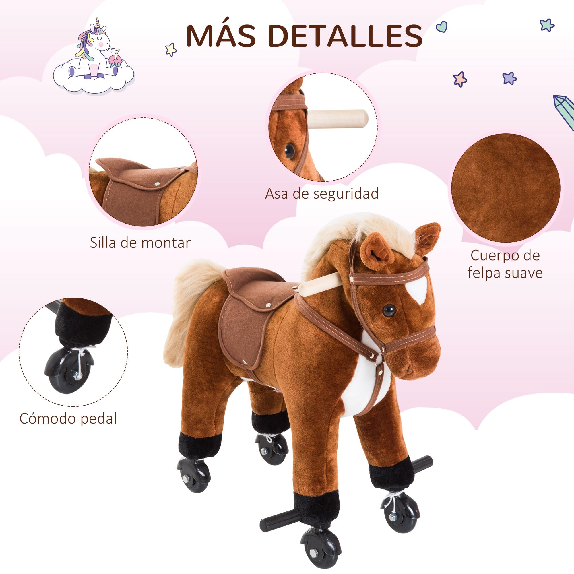 HOMCOM Caballito para Bebes de +2 Años Caballo con Ruedas Sonidos de Relincho Palos y Pedales Carga 60 kg 55x23x60 cm Marrón