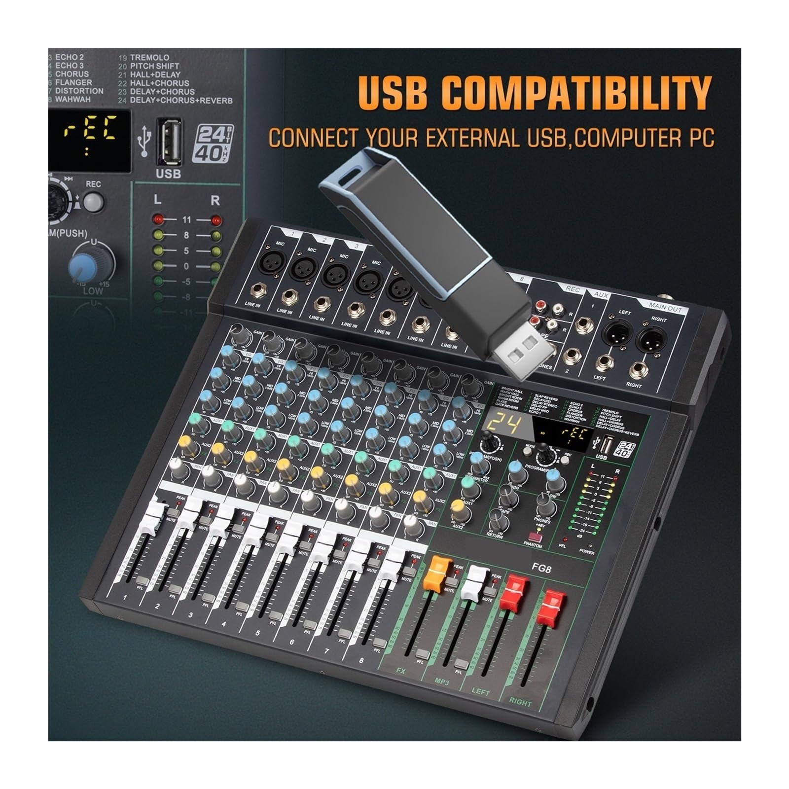 Mikser dźwięku, Mikser audio FG8 8-kanałowa konsola miksująca DJ PC USB Nagrywanie Funkcja Bluetooth 24 Efekty cyfrowe Zasilanie Phantom 48 V(FG8)