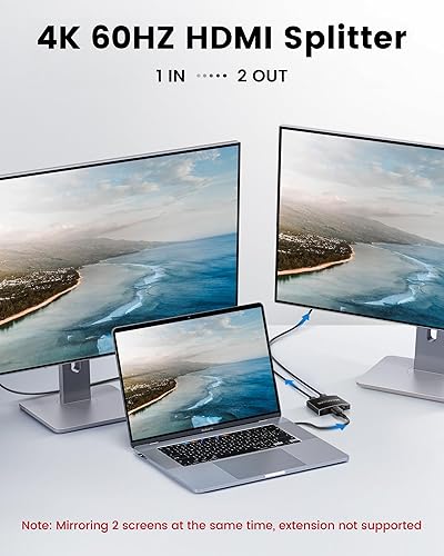 Miniatura 3 de NEWCARE Divisor HDMI de 1 entrada y 2 salidas, divisor HDMI de 4K a 60 Hz para monitores duales con cable de alta velocidad de 3.9 pies, interruptor