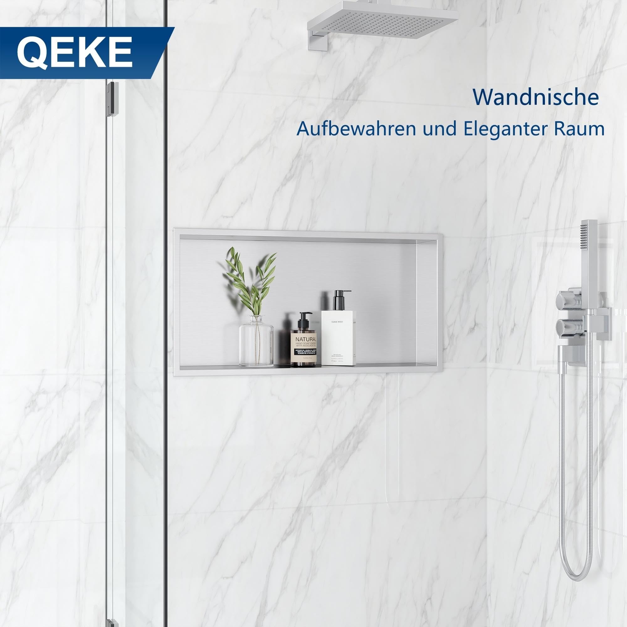 Qeke Duschnische, Eingebaute Badablage mit Rahmen, 60cm, Nickel | 304 Edelstahl, rostbeständig, wasserdicht, leicht zu reinigen, mehrere Größen, ideal zur Duschaufbewahrung