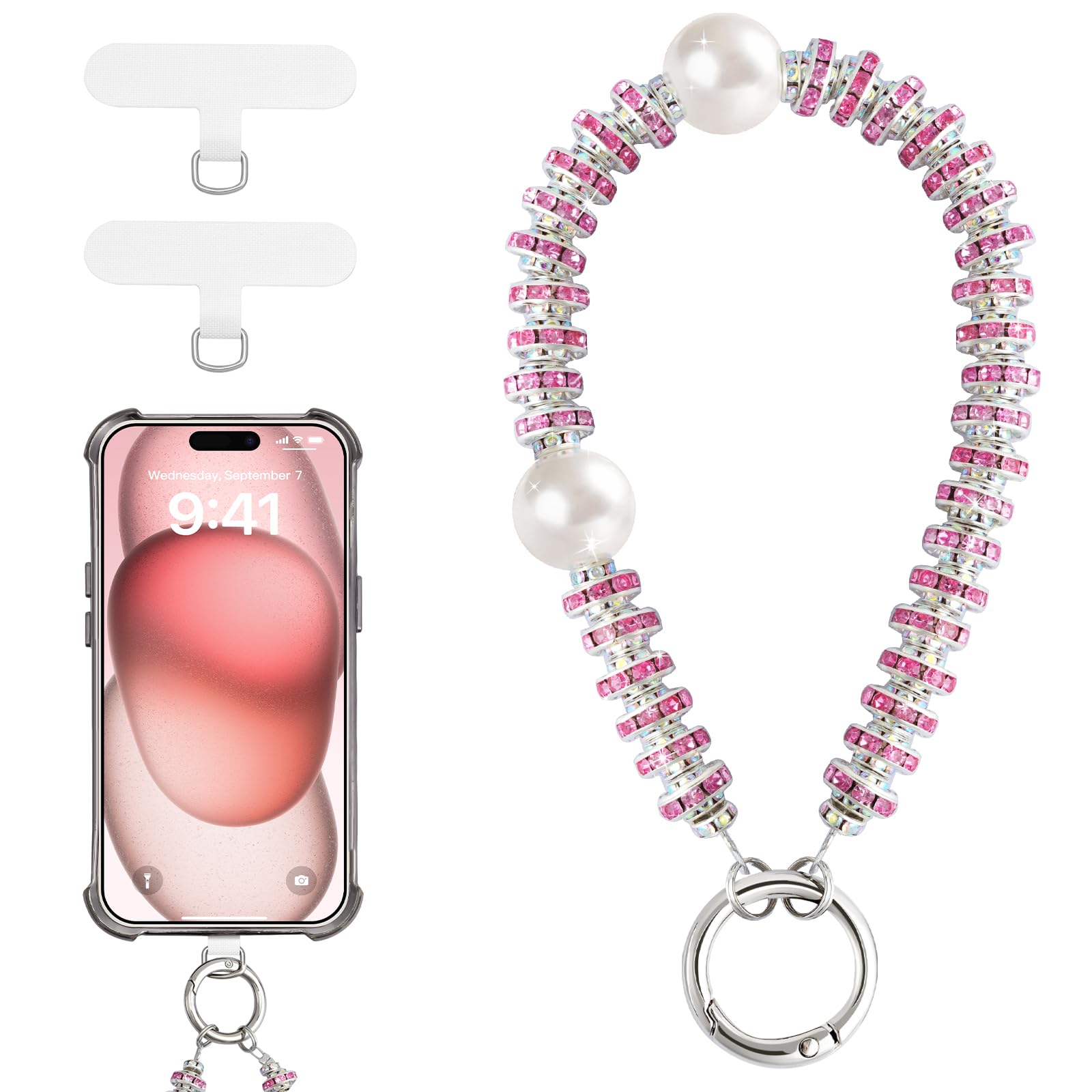 TiMOVO Phone Lanyard Wrist Strap for Phone Case, Detachable Wristlet with Decorational Pearl & Tether Tab, Hands-Free SmartPhone Charm Bracelet Strap for Women, Pink