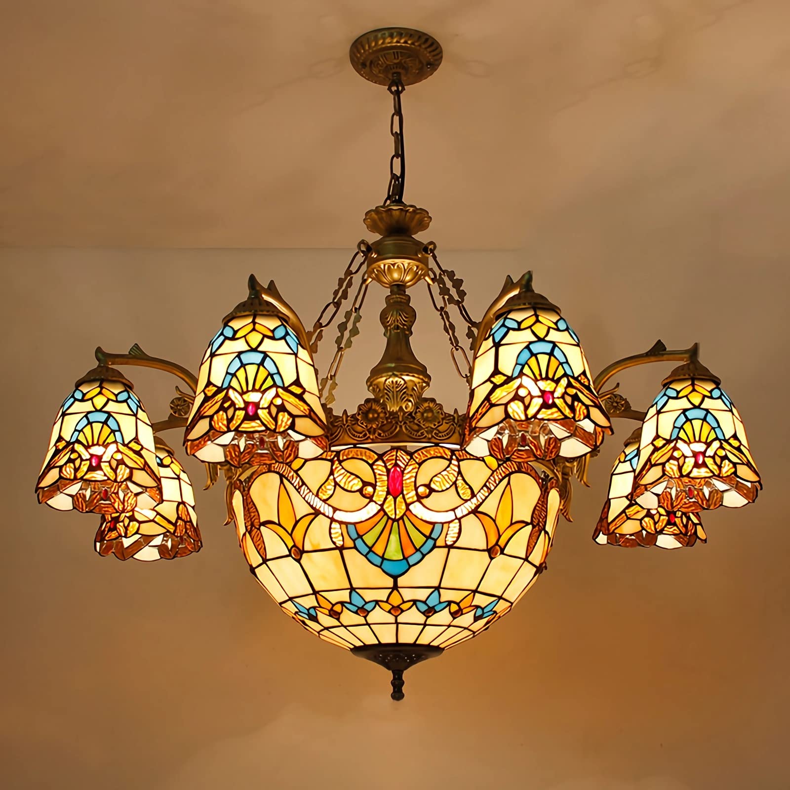 YNIYUJKL Tiffany-Style Baroque Chandeliers, Stained Glass Ceiling Pendant Light Fixtures For Living Room Bedroom Kitchen Hallway, E27 Bulb, Max40W,3 Lights-3 Lights (C),C