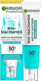Garnier Anti-Unreinheiten Fluid Invisible + Matt mit LSF 50+, für hohen UV-Schutz und Milderung von Unreinheiten, Hautklar BHA + Niacinamid Daily-UV, 40 ml