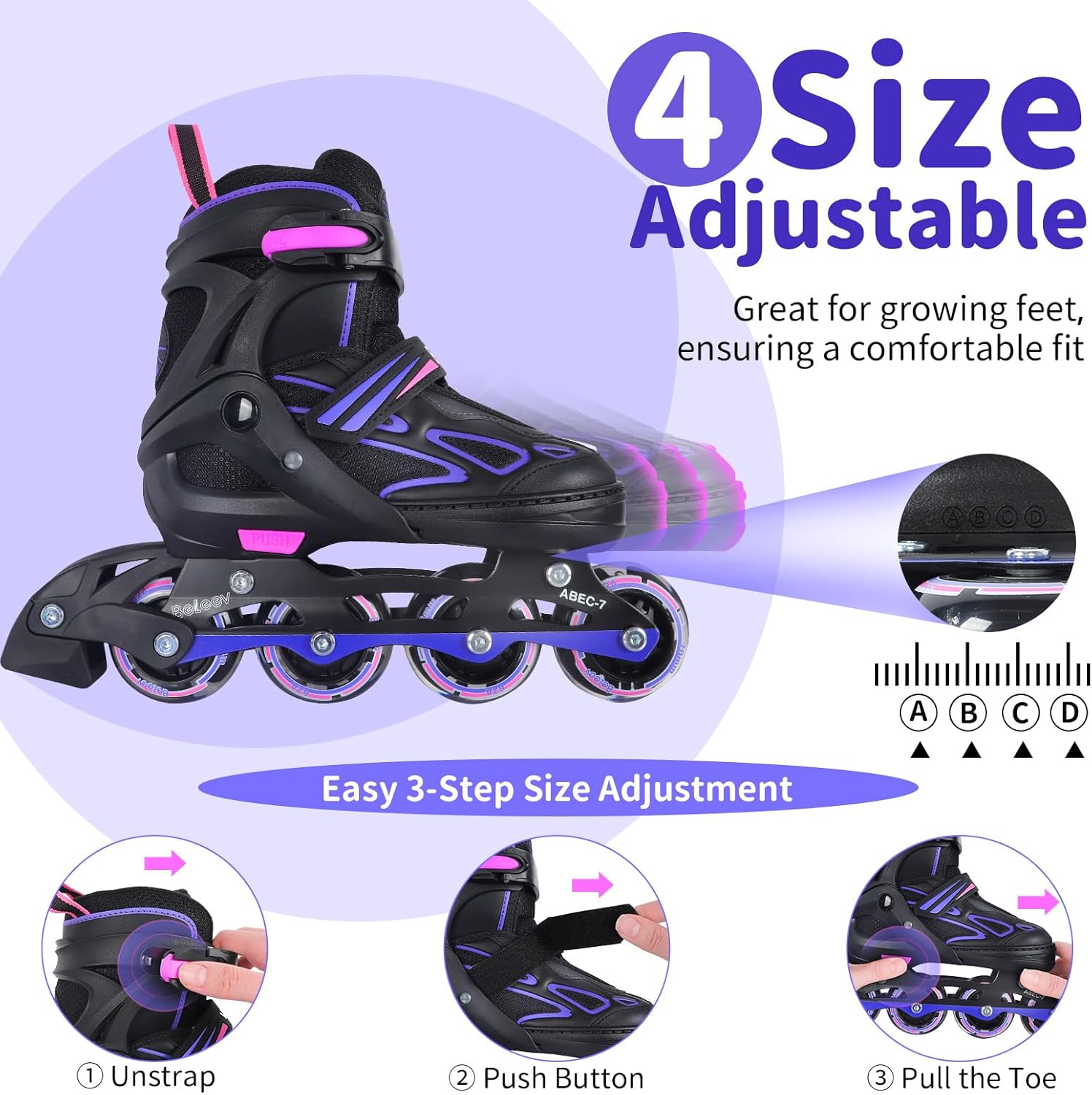 BELEEV Inline Skates with Light-Up Wheels & Shoelaces, 4-Size Adjustable Roller Blades for Kids, Boys & Girls Ages 5-8, 8-12, 6-12, Illuminating Skates for Youth & Women, Beginner Outdoor/Indoor Use