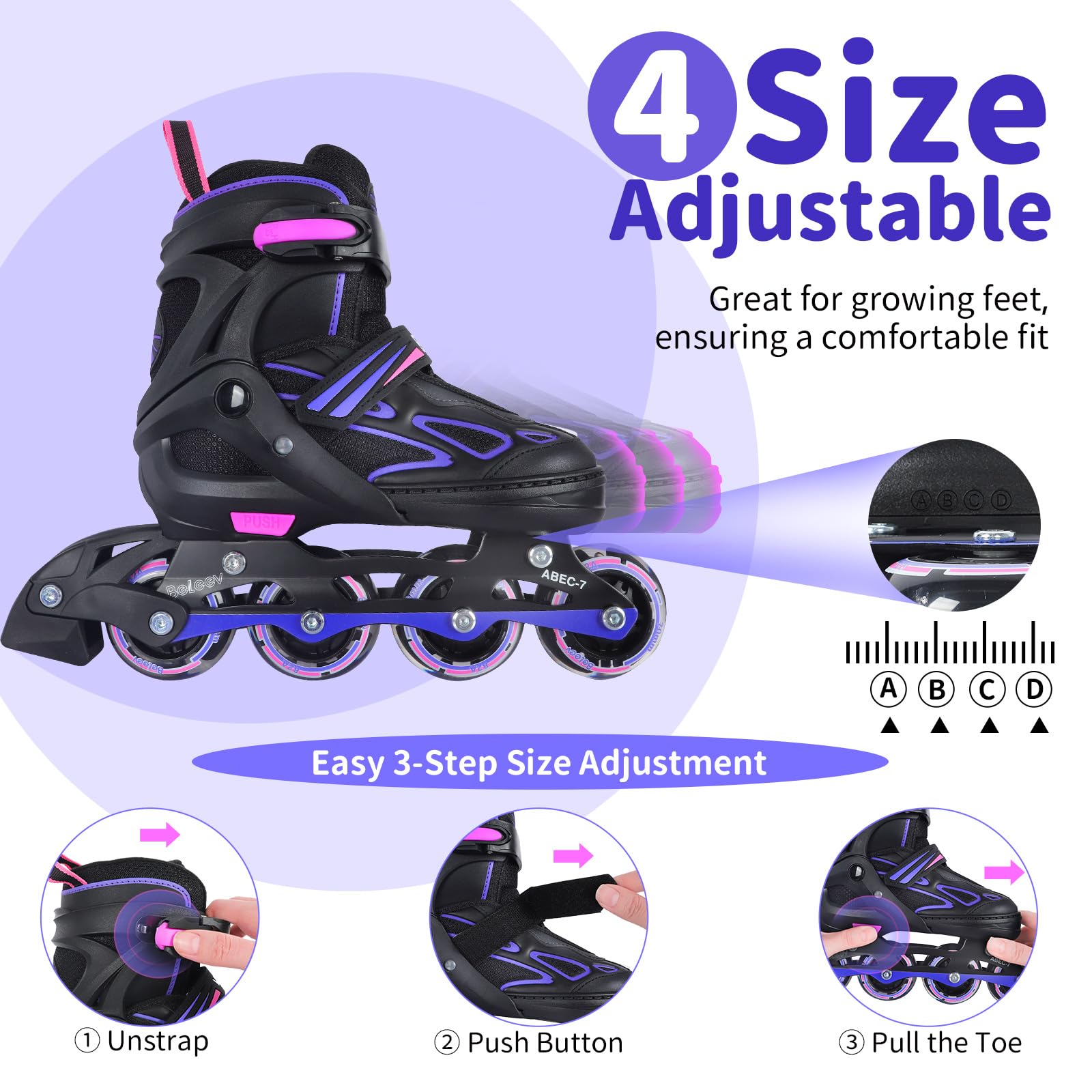 BELEEV Patines en Línea para Niños con Cordones y Ruedas Luminosas LED, Austables Patines Ideal para Niña Niño Principiantes Hombres Mujeres, Interiore Exteriores, Regalos cumpleaños Navidad - 4