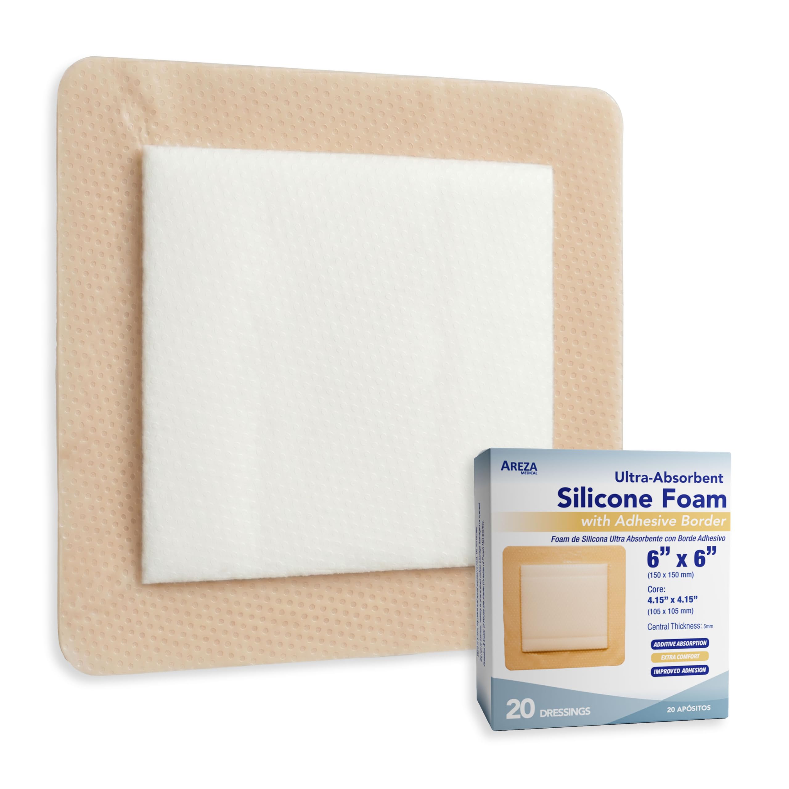 Areza Medical Ultra chłonny opatrunek na rany z pianki silikonowej, wodoodporny, z samoprzylepną ramką, sterylny, 15 x 15 cm, 20 w pudełku, certyfikat FSA/HSA