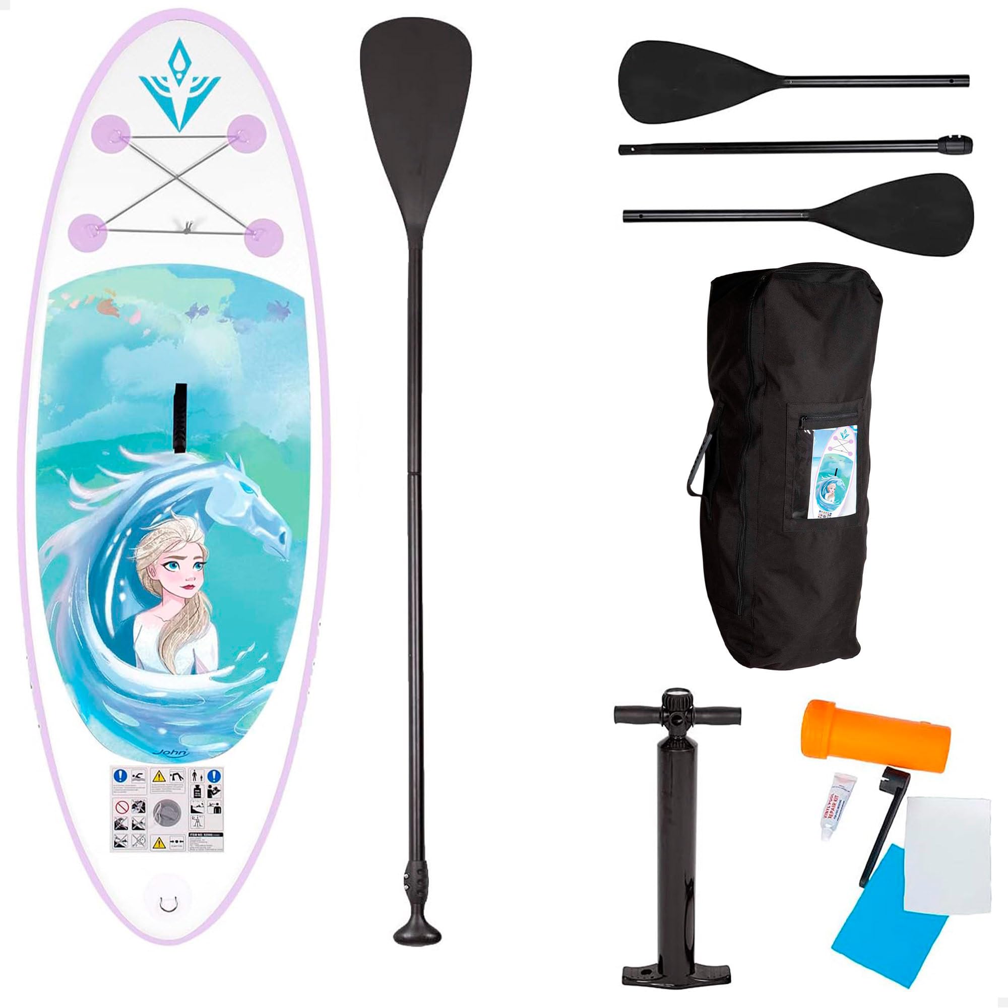Aktive John Tabla de Paddle Surf Hinchable para niños, diseño Frozen, para Principiantes, 8-14 años (máximo 60 kg), Incluye Remo 2 en 1, hinchador, Bolsa Transporte, Kit reparación (62401)