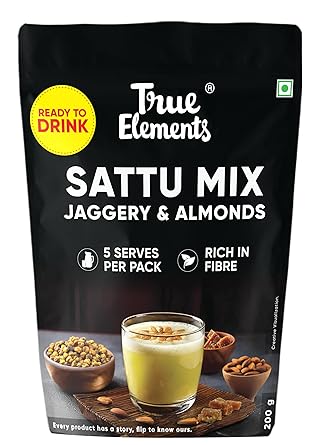 True Elements Sattu Mix with Jaggery and Almonds 40g (Pack of 5) - Ready to Drink | Beat the Summer Heat | Rich in Fibre | 5 Servings | Blood Sugar Control - image, photos