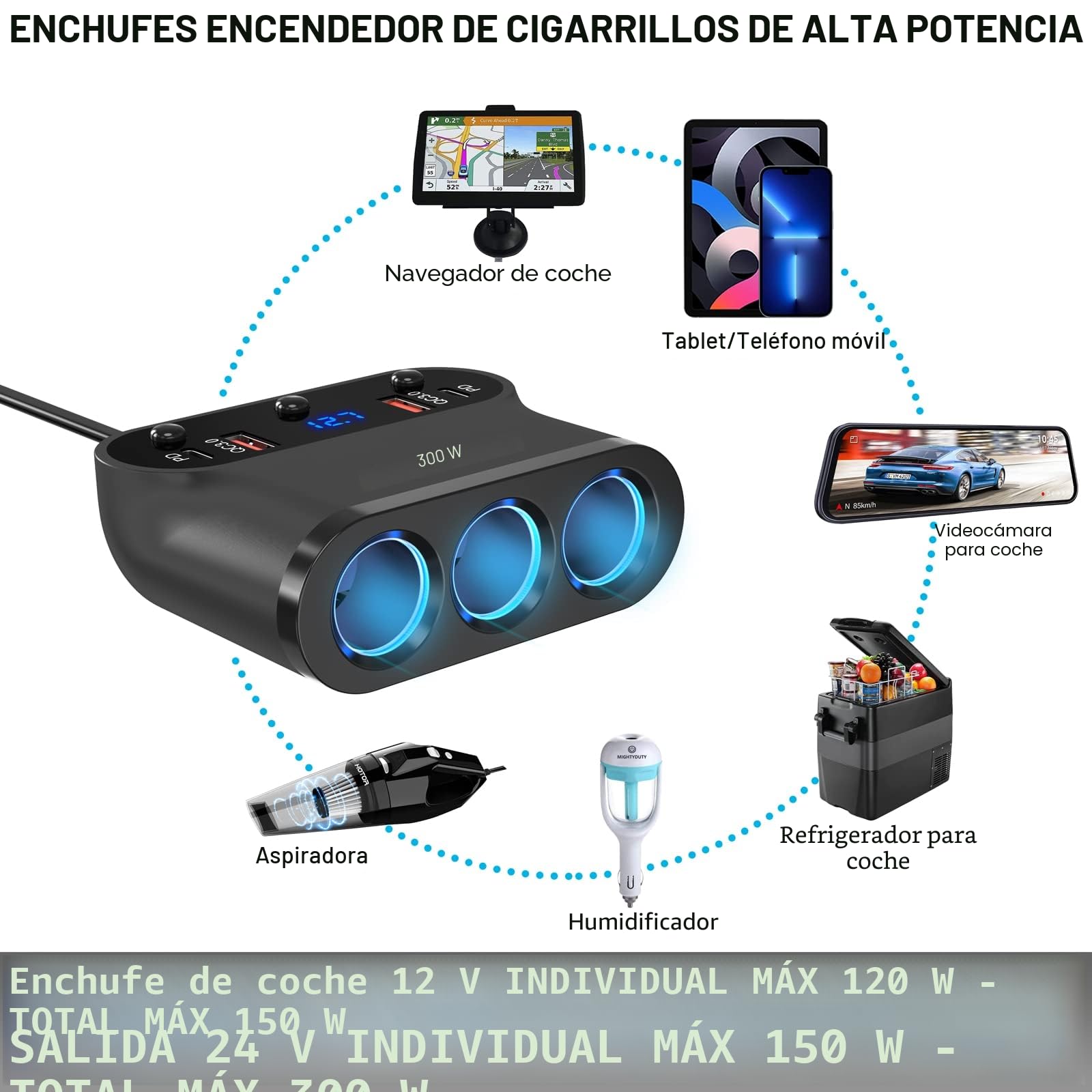Qidoe 7-en-1 Adaptador Divisor Encendedor 300W: Duales PD3.0 y QC3.0 Cargador Mechero de Coche 12V/24V con 3 Tomas Interruptor y LED Voltímetro para Tableta/Teléfono/GPS/Dash CAM