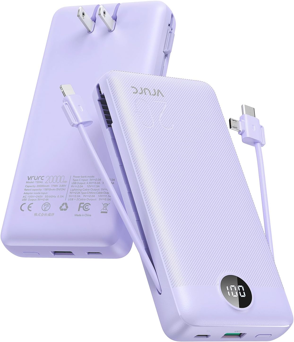 - Portable Charger 20000mAh, Fast Charging Power Bank USB C,4 Output 2 Input Travel Essentials Charging Bank Equipped with LED Display,Built-in Wall Plug and Cables,Phone Charger Battery,Purple