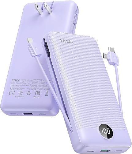 Miniatura 11 de Cargador portátil de 20000 mAh, cargador de batería VRURC de carga rápida de 22.5 W con cables, cargador portátil USB C de 20 K con enchufe
