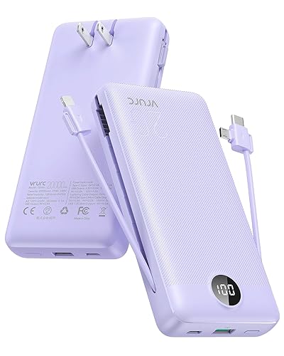 VRURC Portable Charger 20000mAh, Fast Charging Power Bank USB C,4 Output 2 Input Travel Essentials Charging Bank Equipped with LED Display,Built-in Wall Plug and Cables,Phone Charger Battery,Purple - Purple