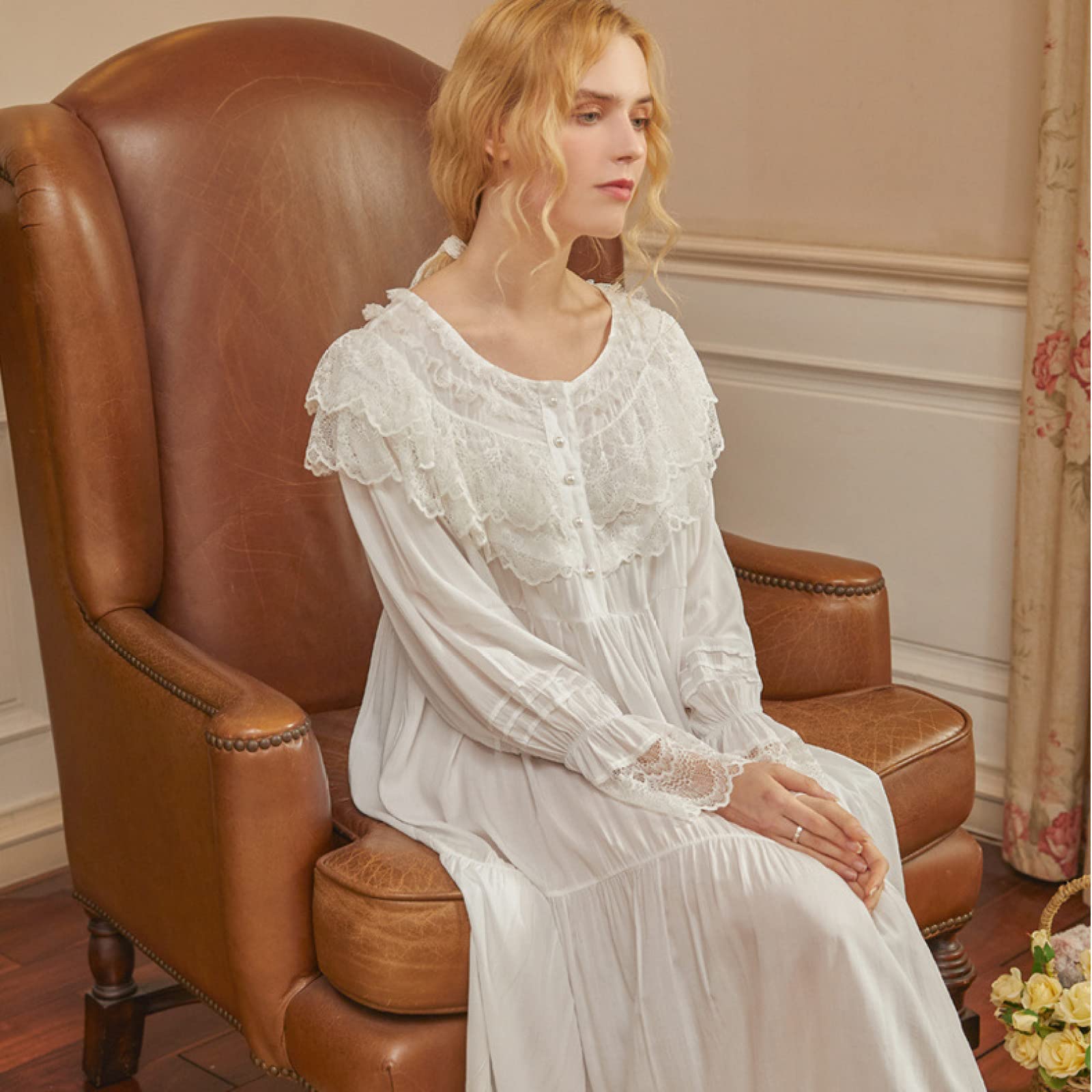 OFFSUM Camisón De Pijama De Mujer - Vestido De Encaje con Cuello Redondo Blanco Primavera Verano Elegante Camisón Vintage Princesa Ropa De Dormir Informal Bata De Novia De Gran Tamaño