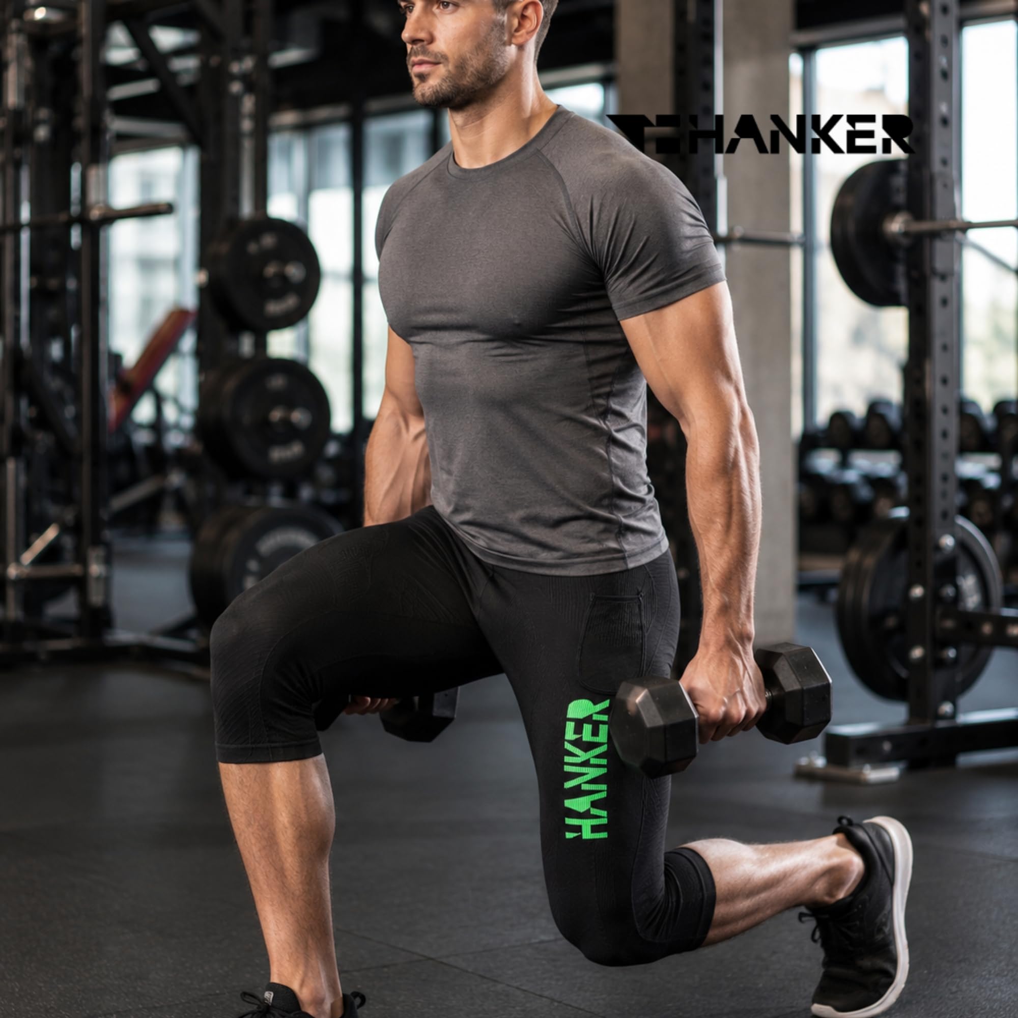 HANKER Mallas de Compresión para Hombre Pirata 3/4 Running Trail y Fitness con Bolsillos Grandes y Costuras Planas