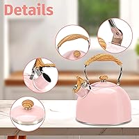 Vista 7 de Hervidor de té, estufa silbante de 2.6 cuartos de galón, tetera para estufa, acero inoxidable de grado alimenticio, mango de madera (rosa)