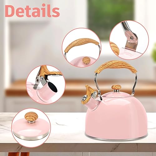 Miniatura 7 de Hervidor de té, estufa silbante de 2.6 cuartos de galón, tetera para estufa, acero inoxidable de grado alimenticio, mango de madera (rosa), con