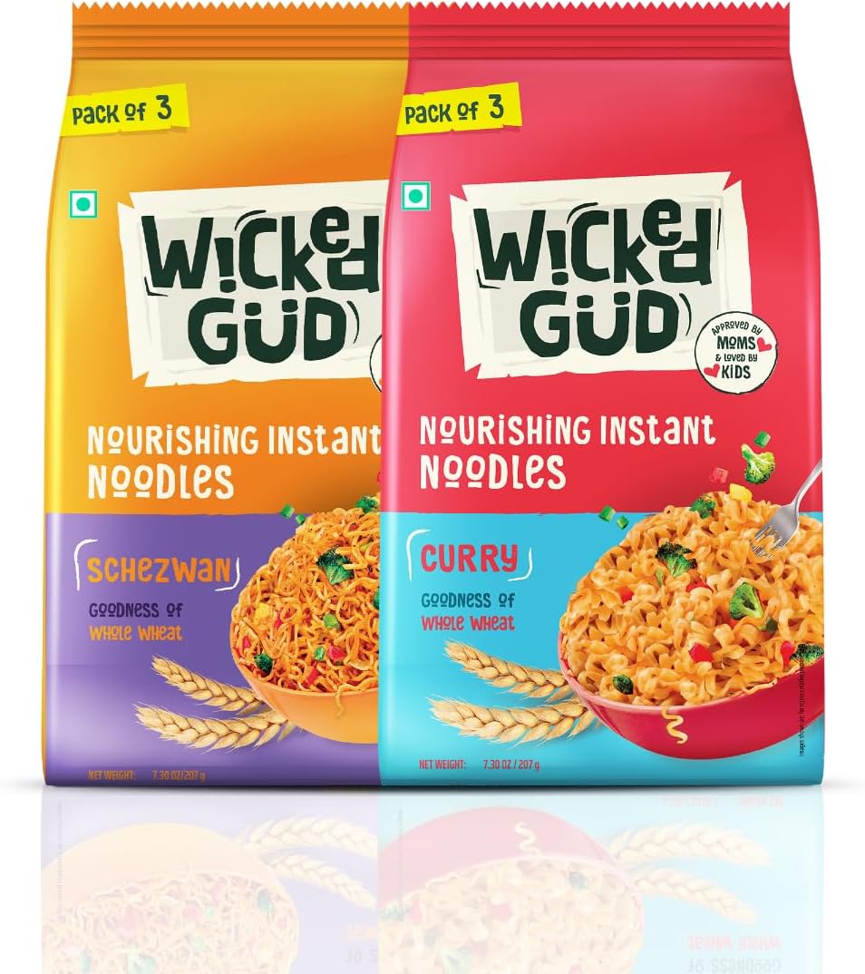 Wickedgud Whole Wheat Schezwan & Curry Noodles 240g Pack of 2| No Maida | No Palm Oil | Source of Protein