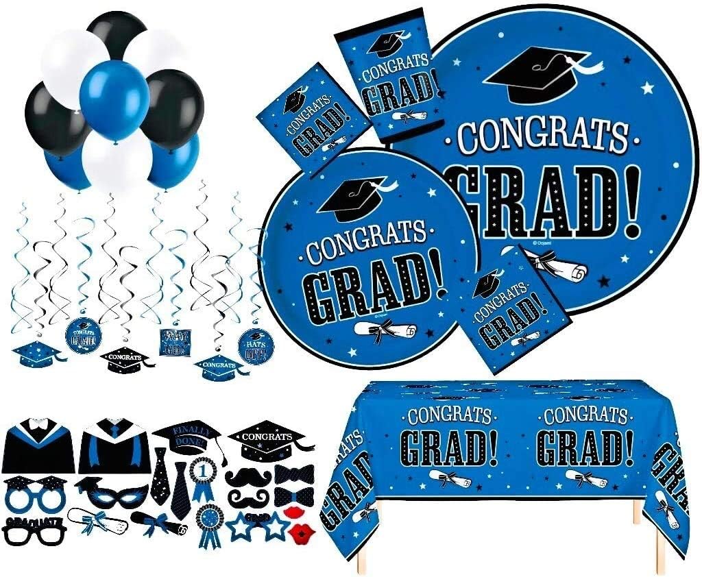 Serves 30 | Complete Party Pack | Congrats Grad Blue Party Supplies | 9 Dinner Paper Plates | 7 Dessert Paper Plates | 9 oz Cups | 3 Ply Napkins Beverage and Lunch Napkins | 2 Table Cover | 20