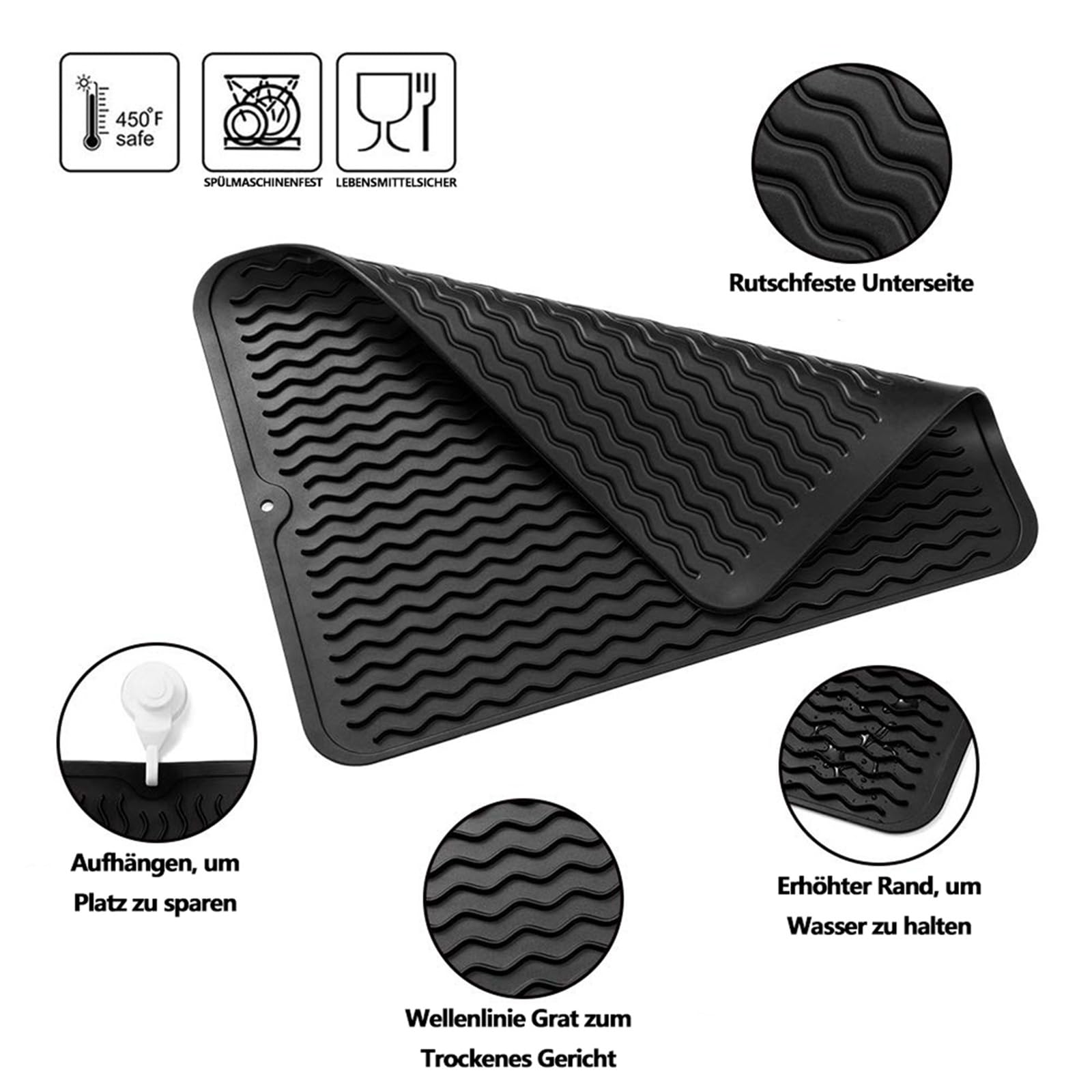 Tappetino scolapiatti in Silicone - 40 x 30 cm Grande Tappetino Antiscivolo scolapiatti, Senza BPA, Tappetino scolapiatti Arrotolabile con Spazzola per la Pulizia in Spugna