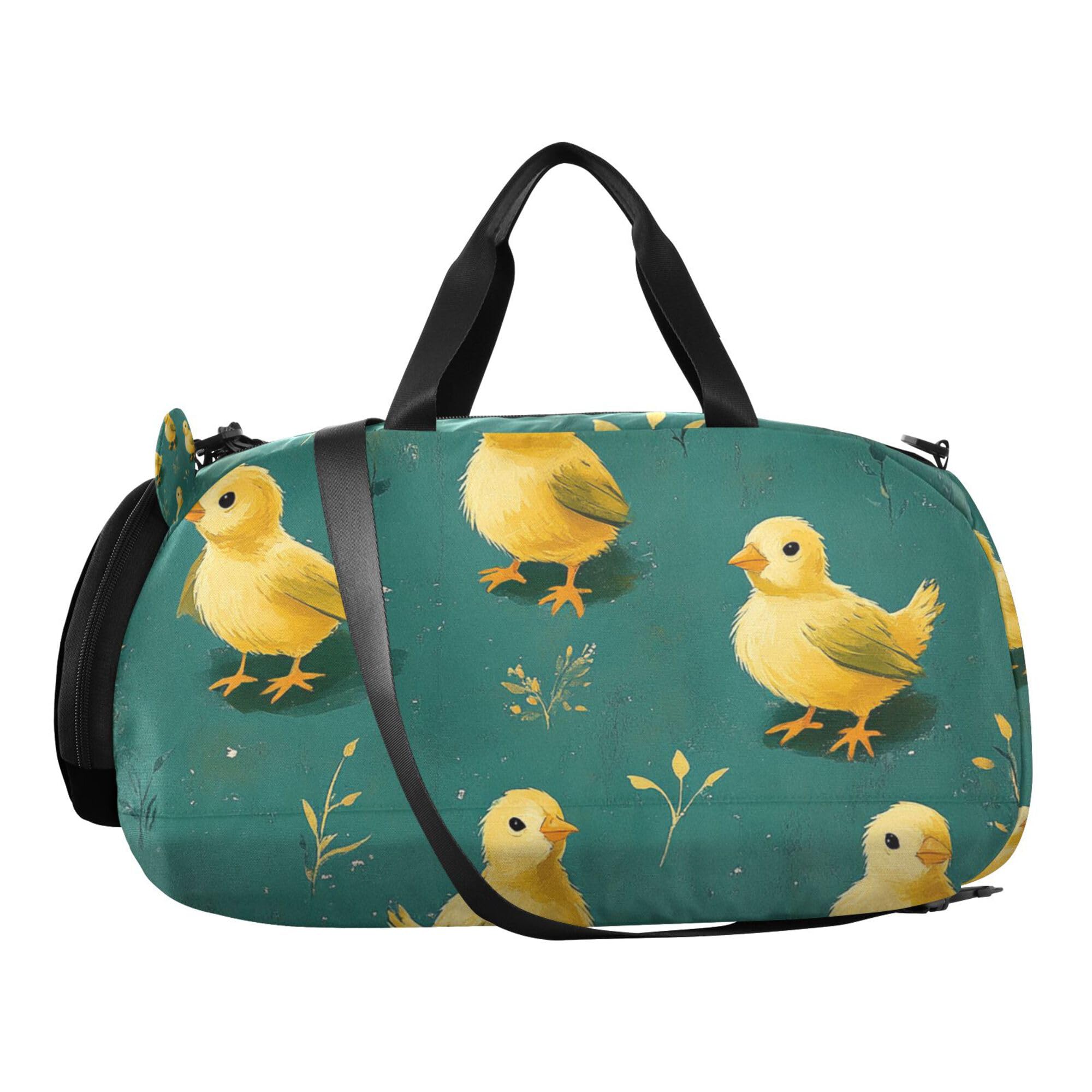 Glaphy Yellow Chicks Teal Green Duffle Bag for Toddler Boys Girls, Gym Sports Bag with Shoe Compartments, Kids Travel Overnight Weekender Shoulder Bag