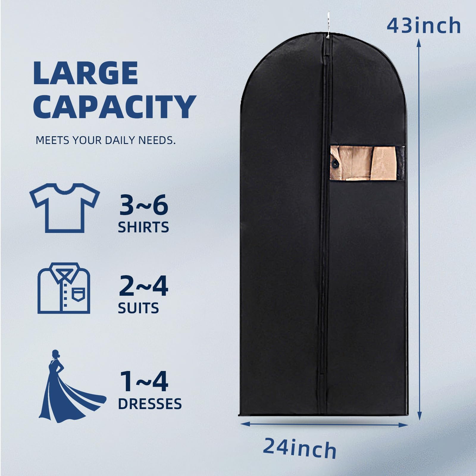 DOTUHAO Garment Bag, 24'' x 43'' Suit Bag, 4 Packs, Dress Bags for Gowns, Garment Bags for Travel, Travel Garment Bag, Garment Bags for Hanging Clothes, Washable Suit Cover for Suits, Coats (Black)