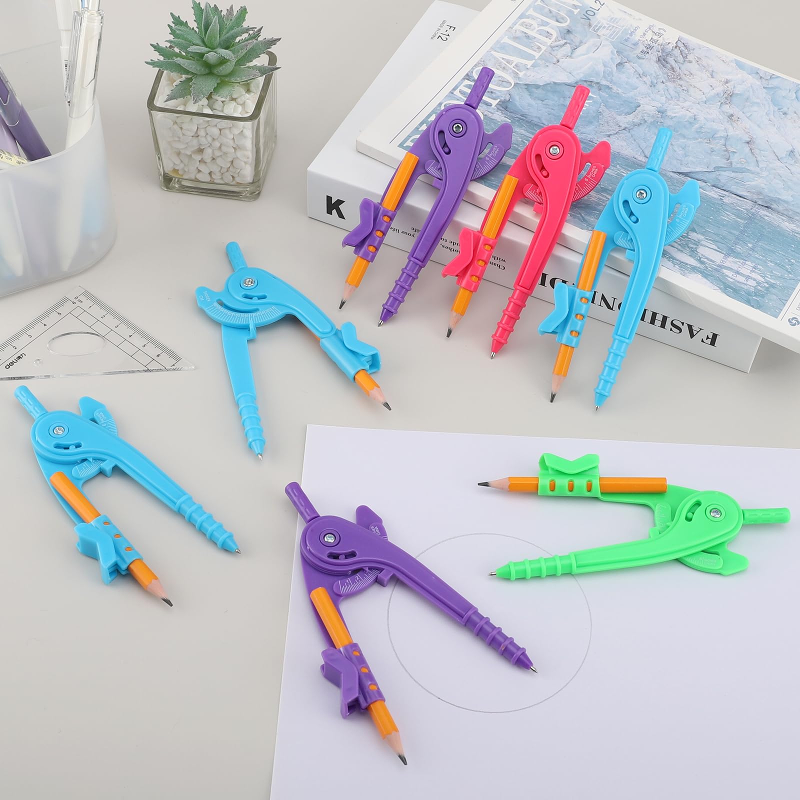 20 brújulas, herramienta geométrica, multicolor, brújula de dibujo para geometría, brújula de geometría de plástico con lápiz para estudiantes, aula, escuela, oficina, dibujo artístico (4 colores, 20