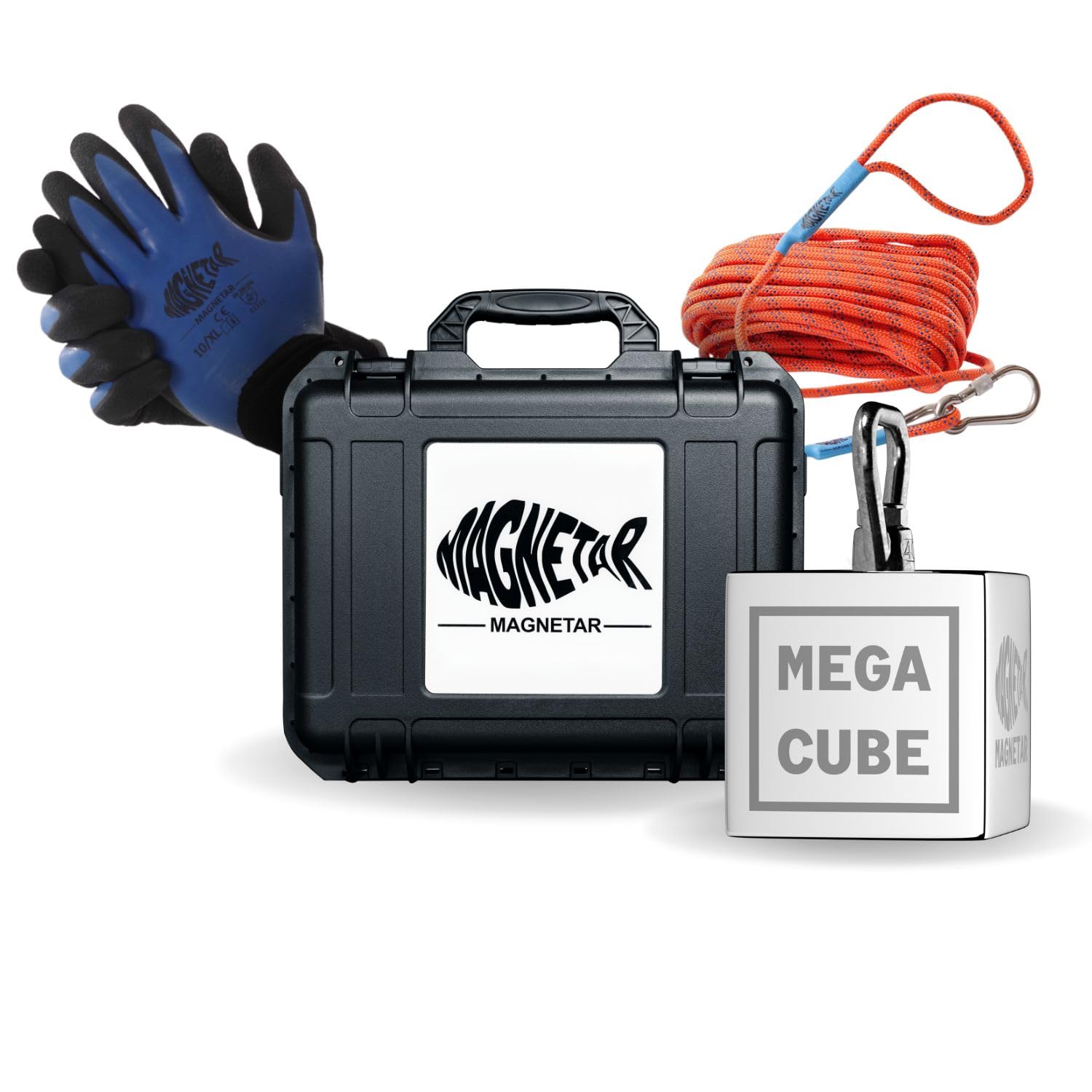 Magnetar - Set di pesca magnetica - Blocco 2700kg MEGACUBE magnete di recupero - Pacchetto di pesca magnetica con corda e guanti - Magnete da pesca 360 per la pesca magnetica