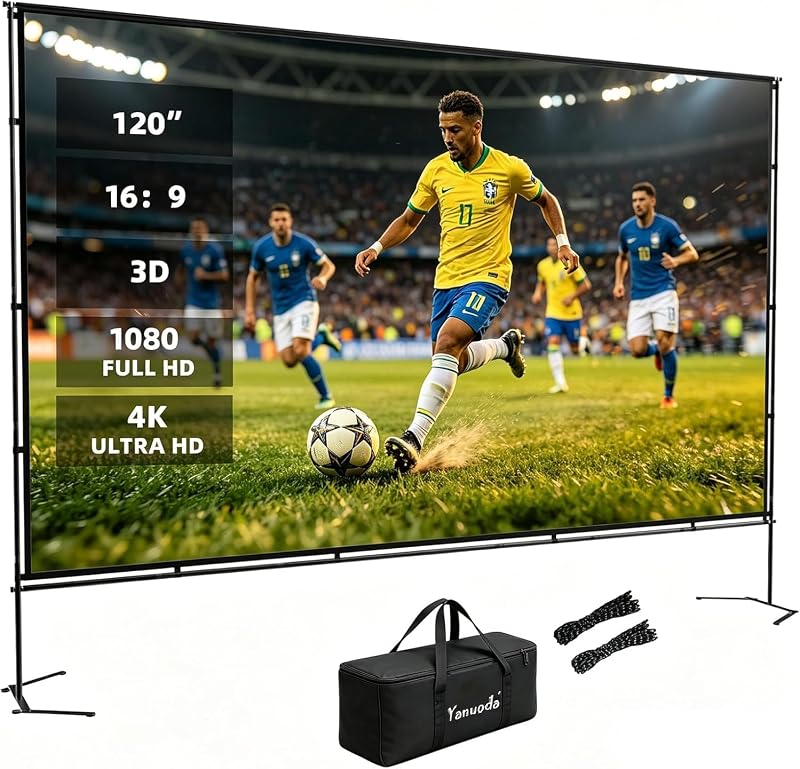 Outdoor Projector Screen with Stand, Portable 16:9 (120-inch) | 4K HD, Wrinkle-Free Display, Washable Fabric, Outdoor Ready, Easy Setup, Carry Bag Included