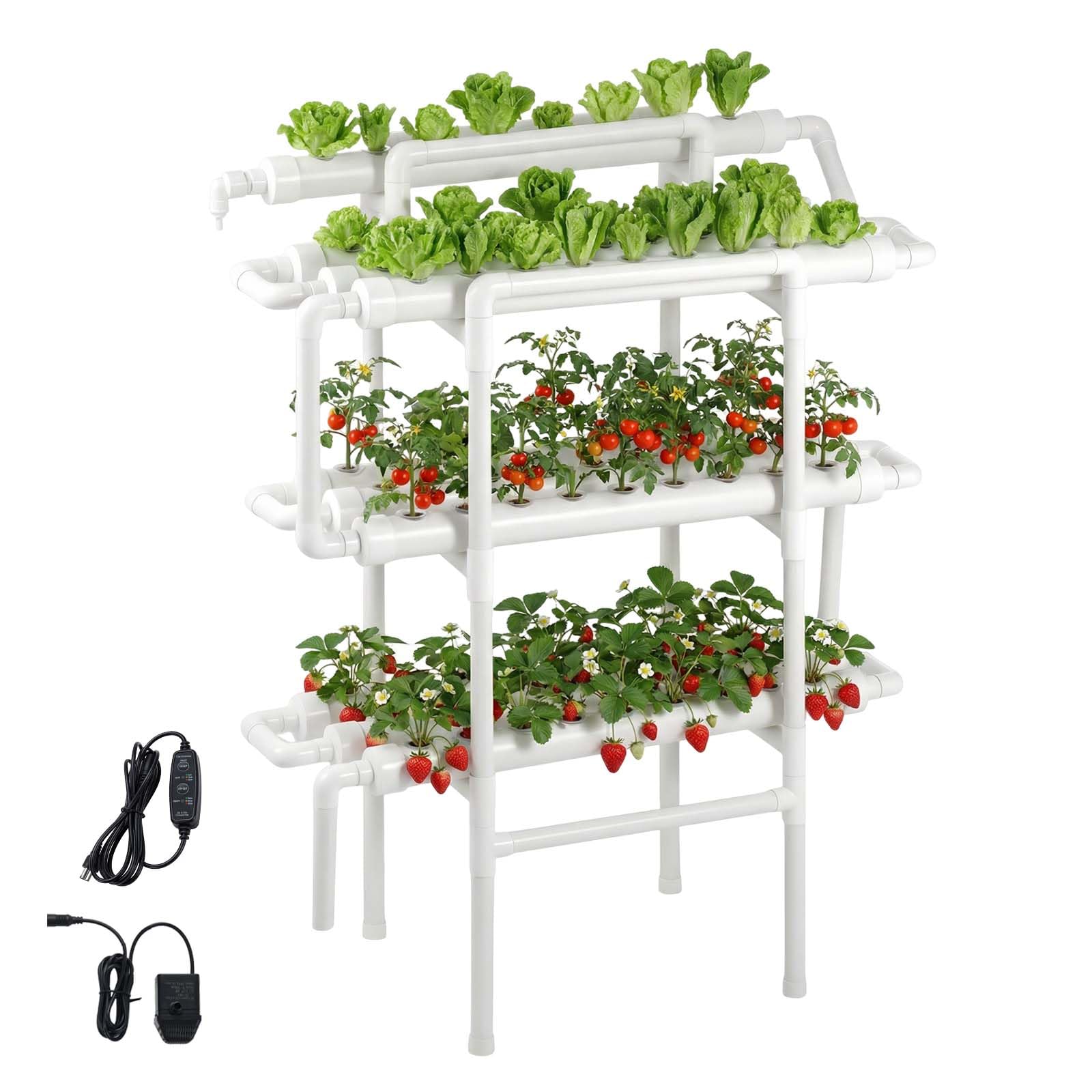 VEVOR Kit de Culture Hydroponique NFT Système Hydroponique à 3 Niveaux avec 90 Emplacements pour Jardin Intérieur Culture de Légumes Herbes Fruits, Tubes en PVC-​U Anti-​Lumière, Irrigation Programmée