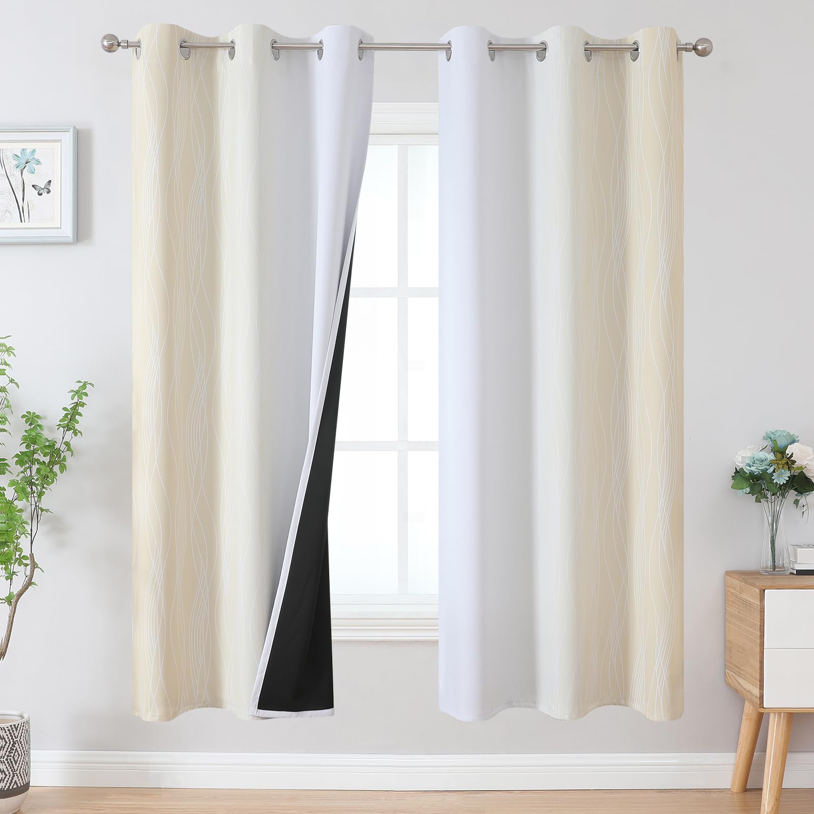 VEHEDE Beige and Greyish White Gradient Blackout Curtains 54 Inch Drop for Bedroom Wave Stripe Thermal Insulated Printed Ombre Room Darkening Drapes for Living Room W42 x L54 Inch