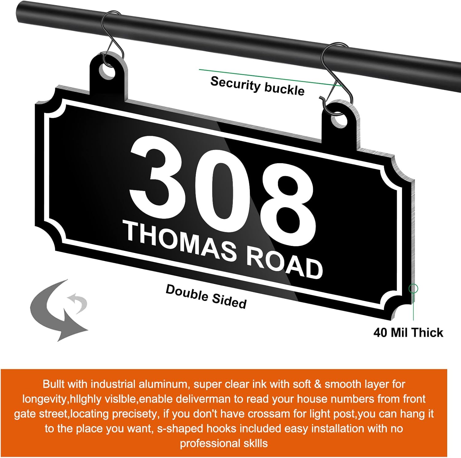 Hanging Address Sign,Large House Number Sign,Address Plaque for Outdoor Lamp Post,Light Post,Door,Mailbox Post,24 Colors & Multiple Fonts,Super Reflective,Double Sided with S-Hooks